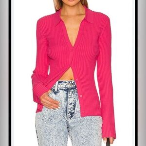 Ronny Kobo Pink Rose Ribbed Button Down Fitted Cardigan Top Long Sleeve Sz S